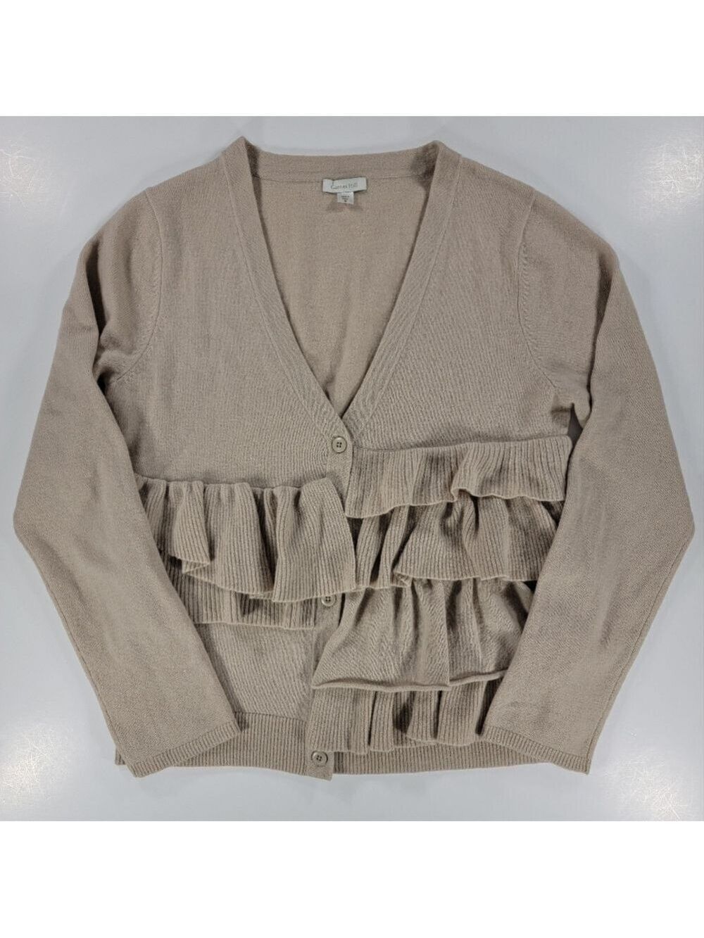 Garnet Hill Wool Ruffle Front Cardigan Sweater Beige Womens Medium Long Sleeve
